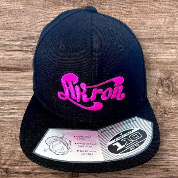 Akron Snapback Hat KF Brand Black & Pink Embroidered Adjustable Cap OSFA - Picture 1 of 5